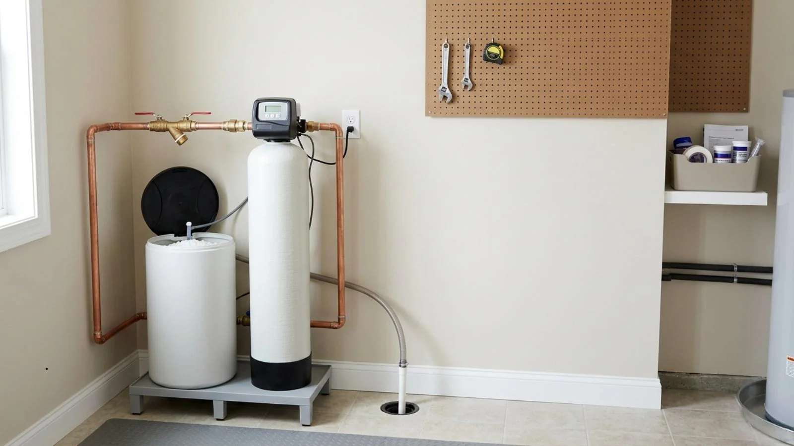 Installer mounting whole-home carbon filter system near residential main water line