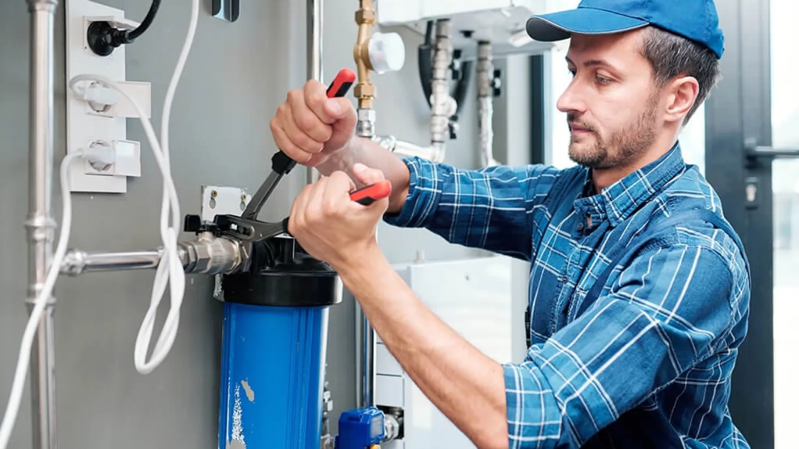 Technician installing whole-home water filtration system beside main water line in Raleigh utility room