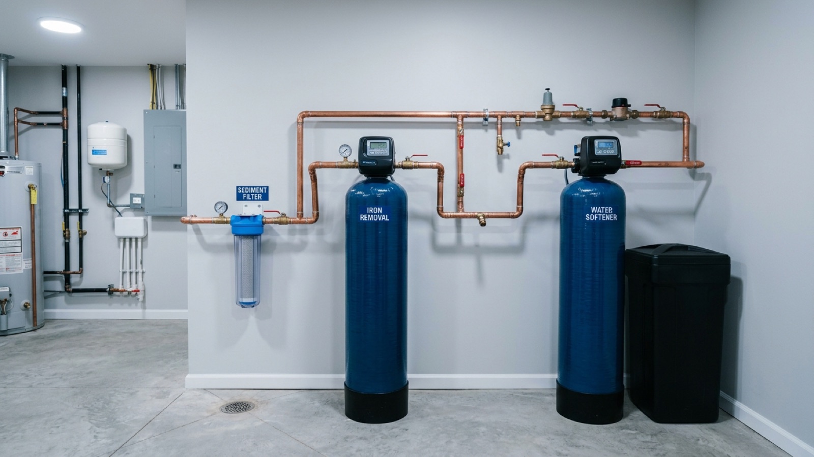 Water treatment specialist testing filtered water quality at whole-home system