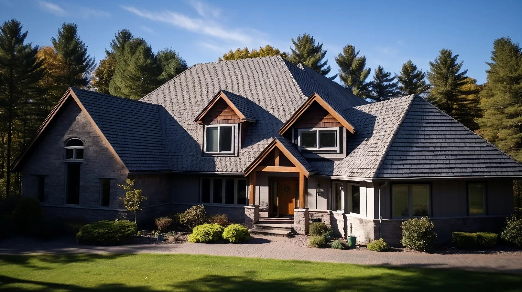 A newly installed roof by Character Exteriors under a clear blue sky